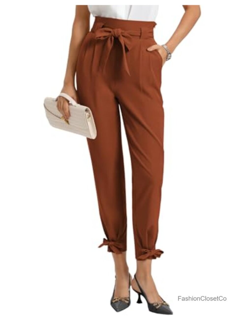 High Waist Paper Bag Pencil Pants with Belt, Ankle Length Slim Fit